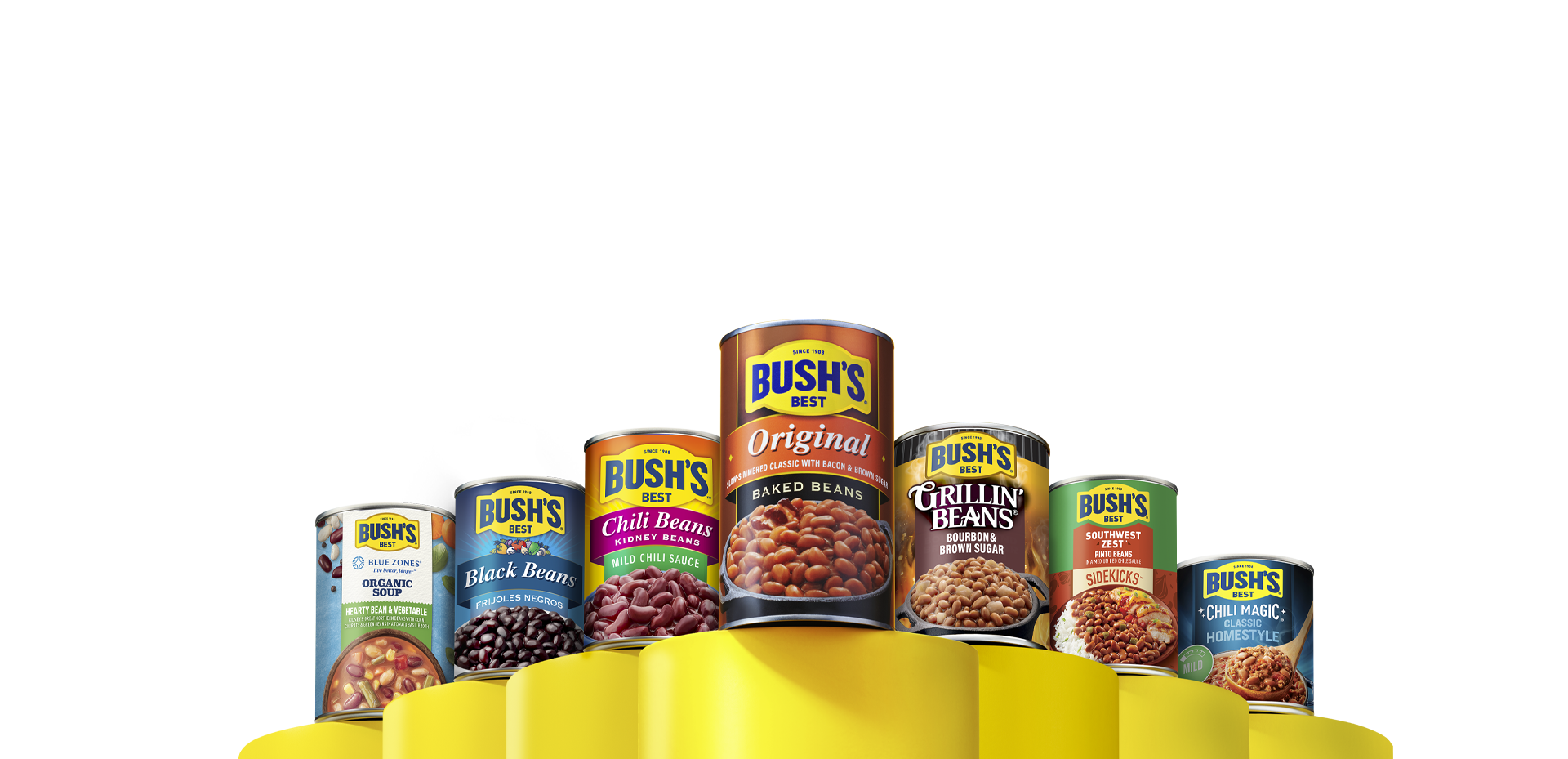 Array of Bush's Beans products on yellow pedestals